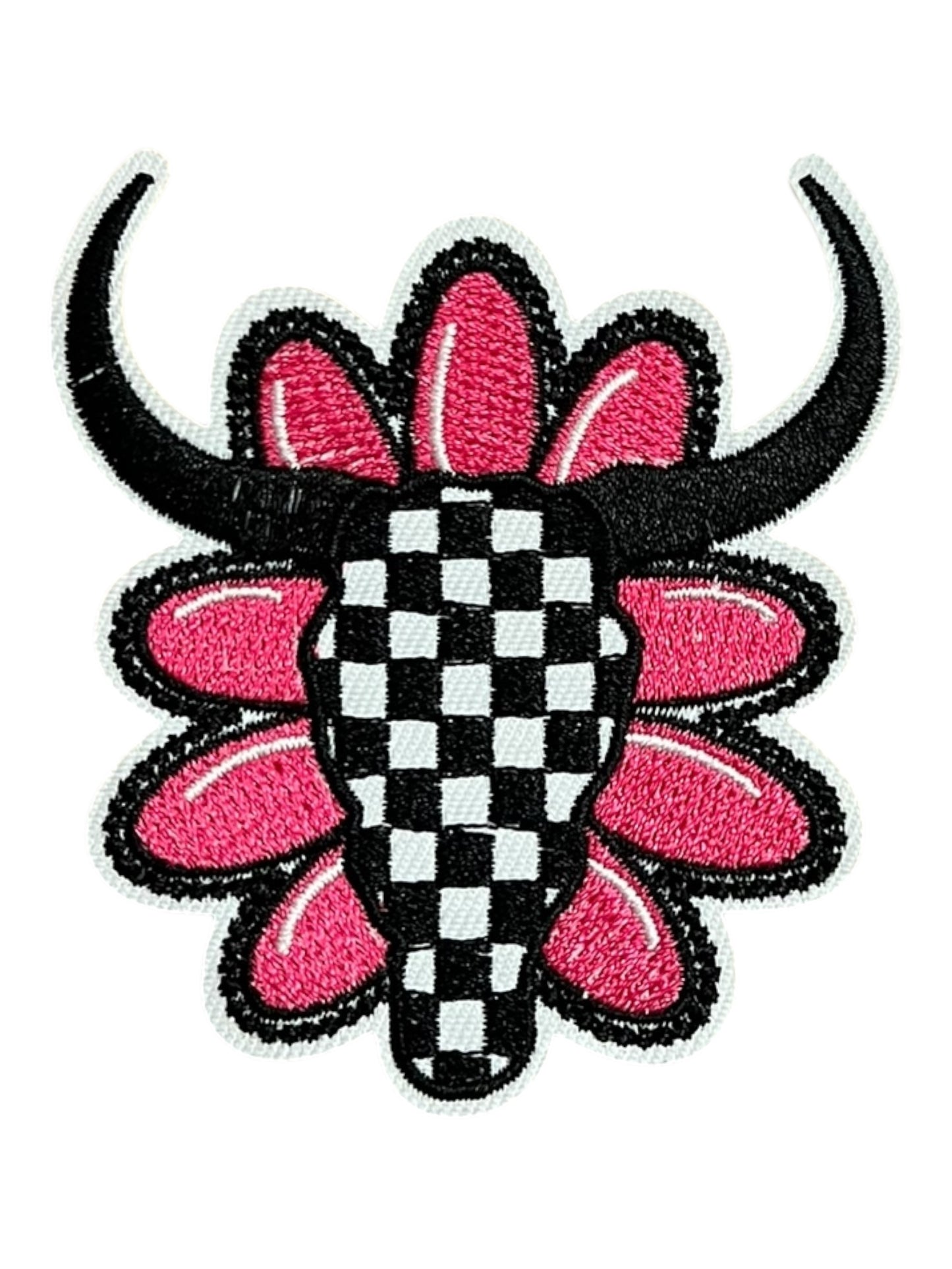 Pink stone and checkered steer head