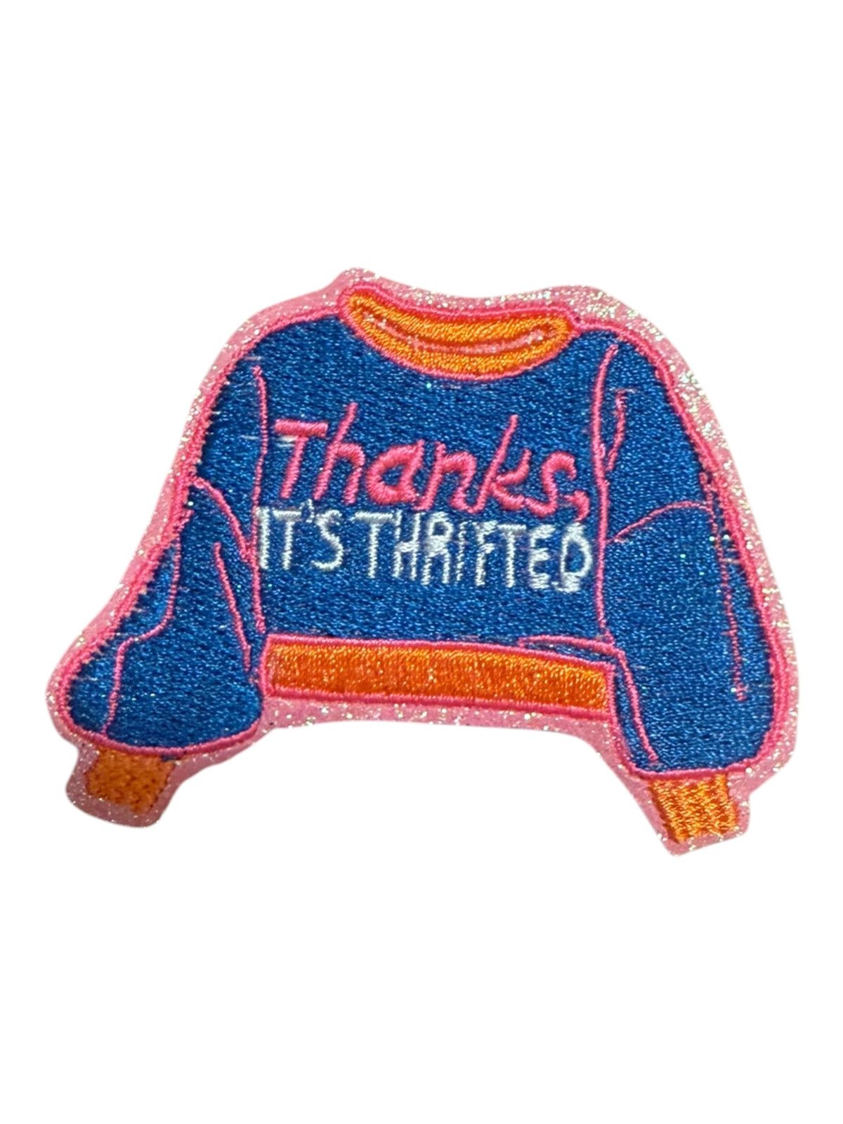 Thanks its thrifted blue orange pink glitter