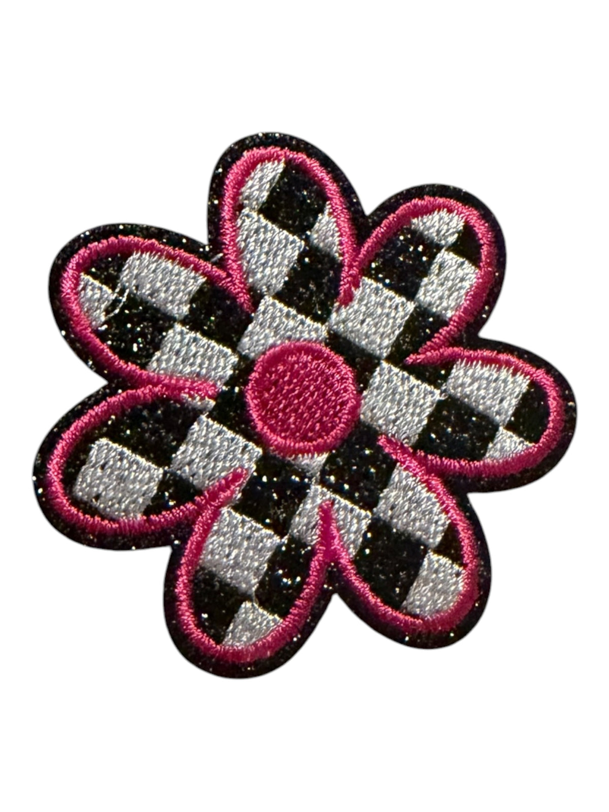Checkered black white pink flower