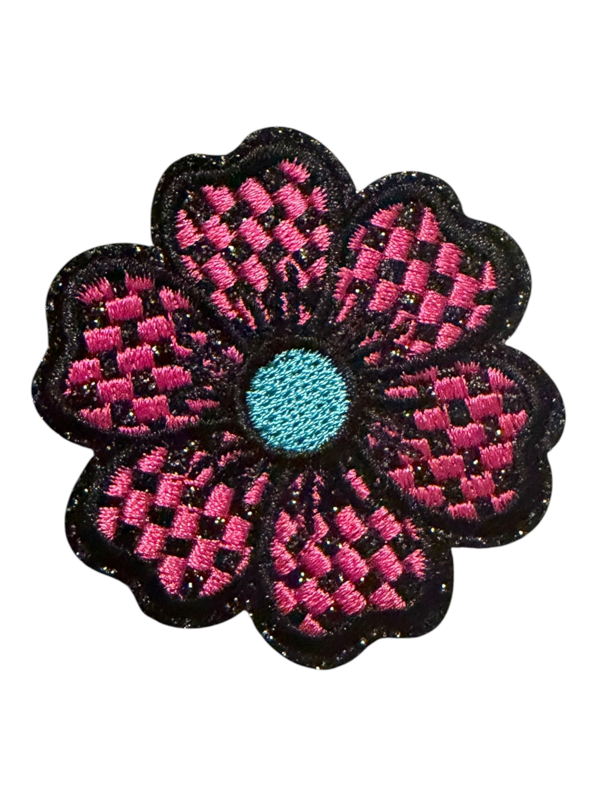 Checkered black pink turquoise flower