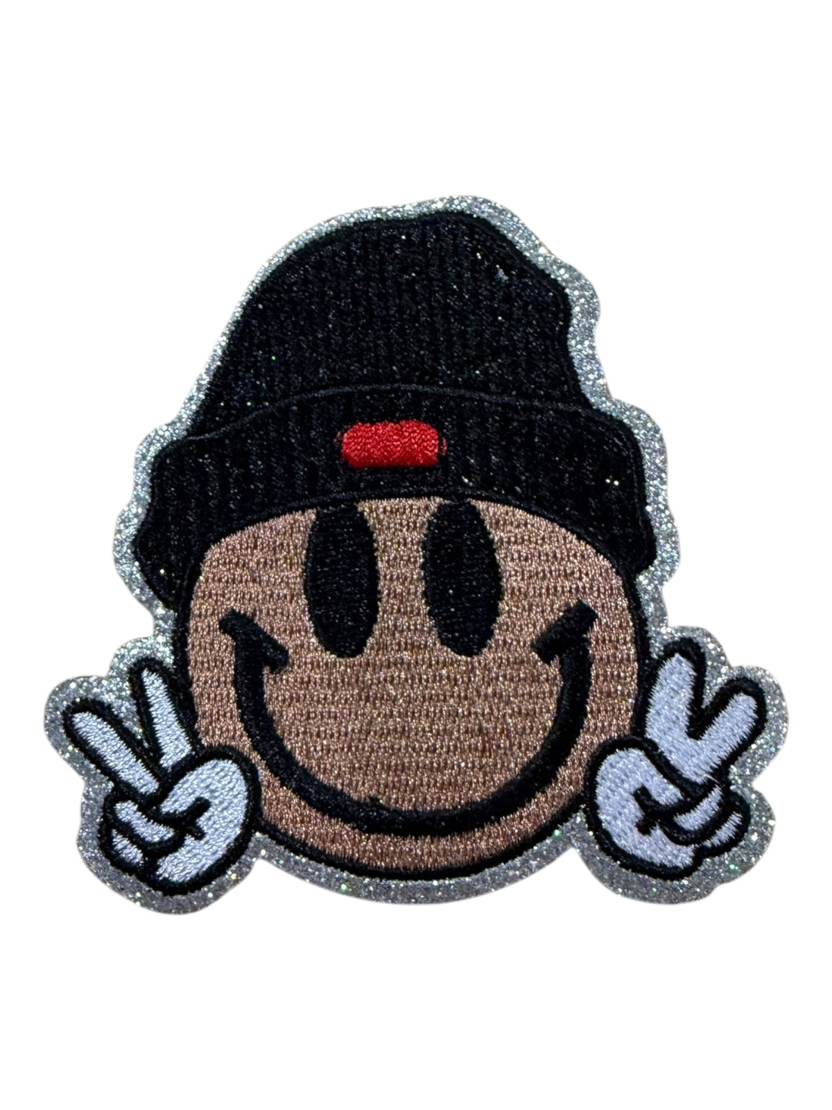 Smiley face peace out with a beanie glitter black red