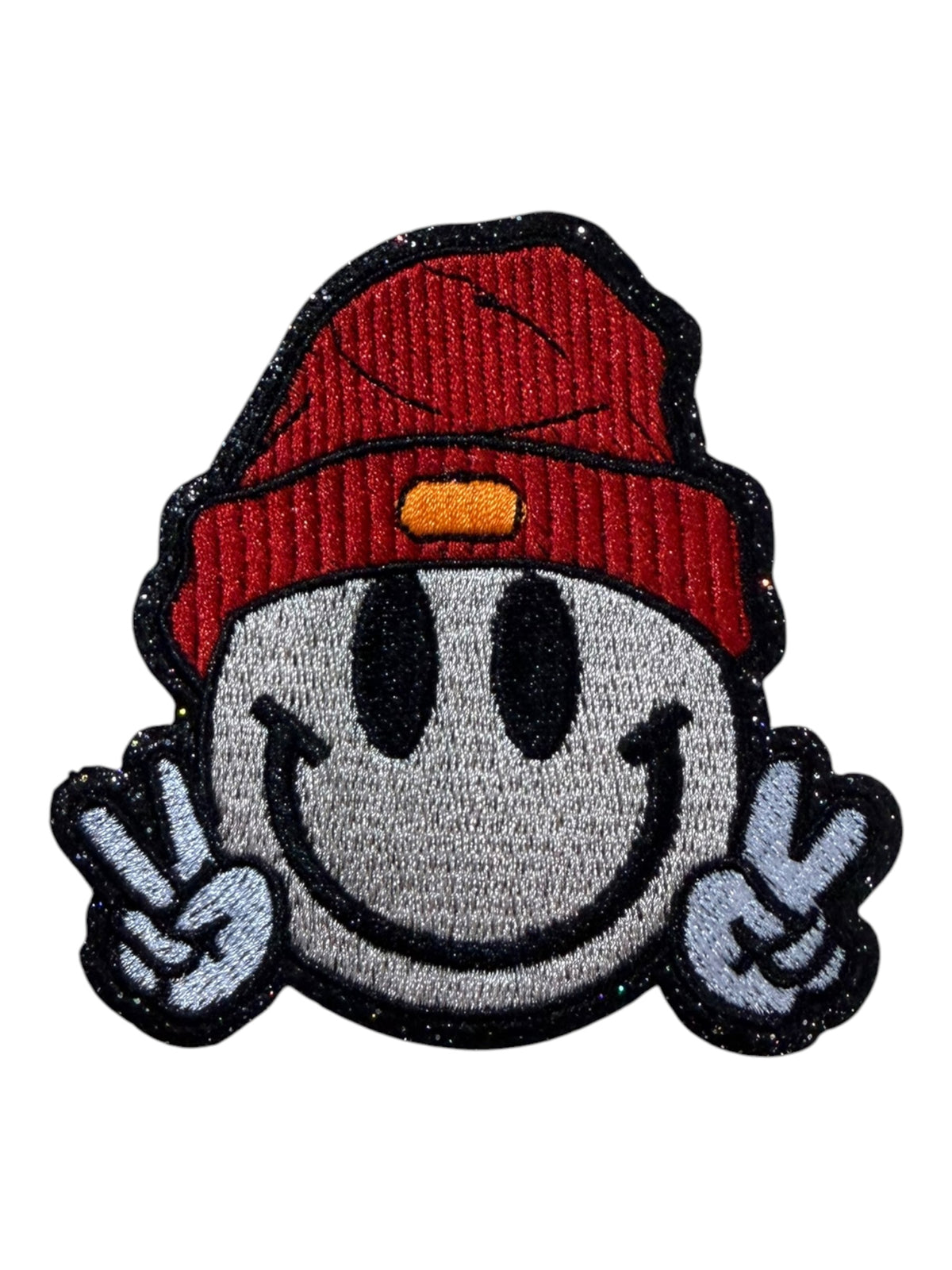 Smiley face peace out with a beanie glitter red orange