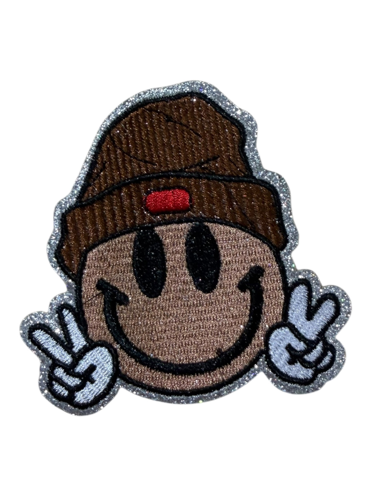 Smiley face peace out with a beanie glitter brown red