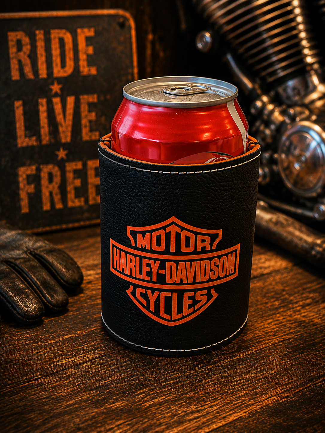 HD cyclist orange print Leatherette 12oz Can Koozie