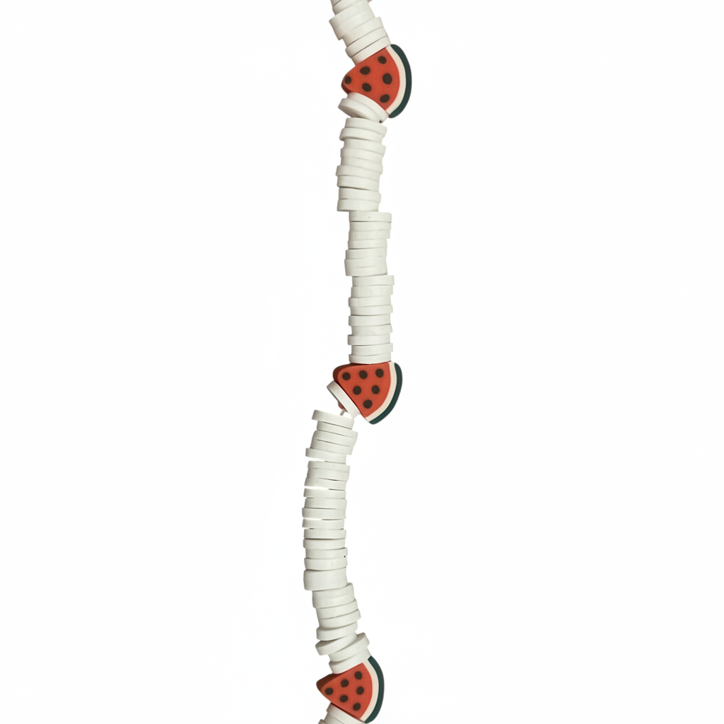White with watermelon beads hat chain center zoomed close-up