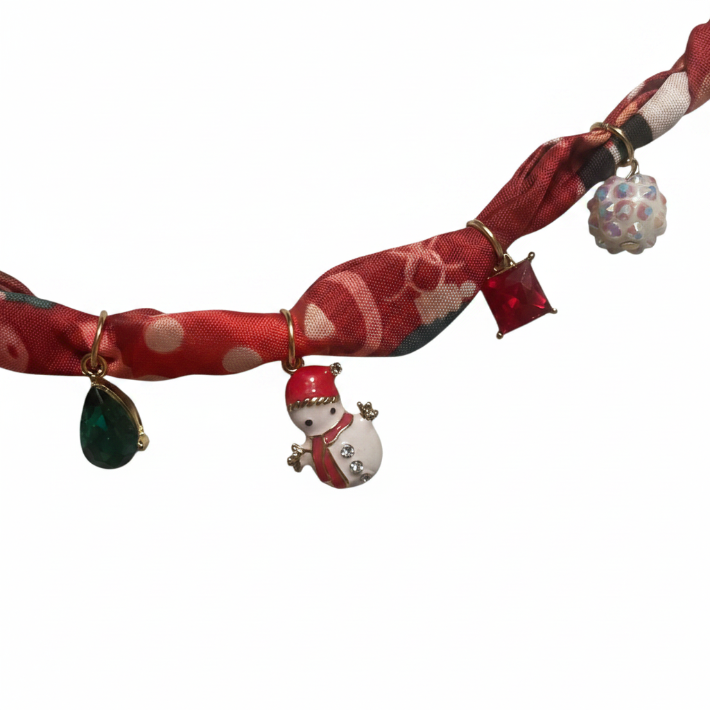 Christmas print hat chain with charms center zoomed close-up