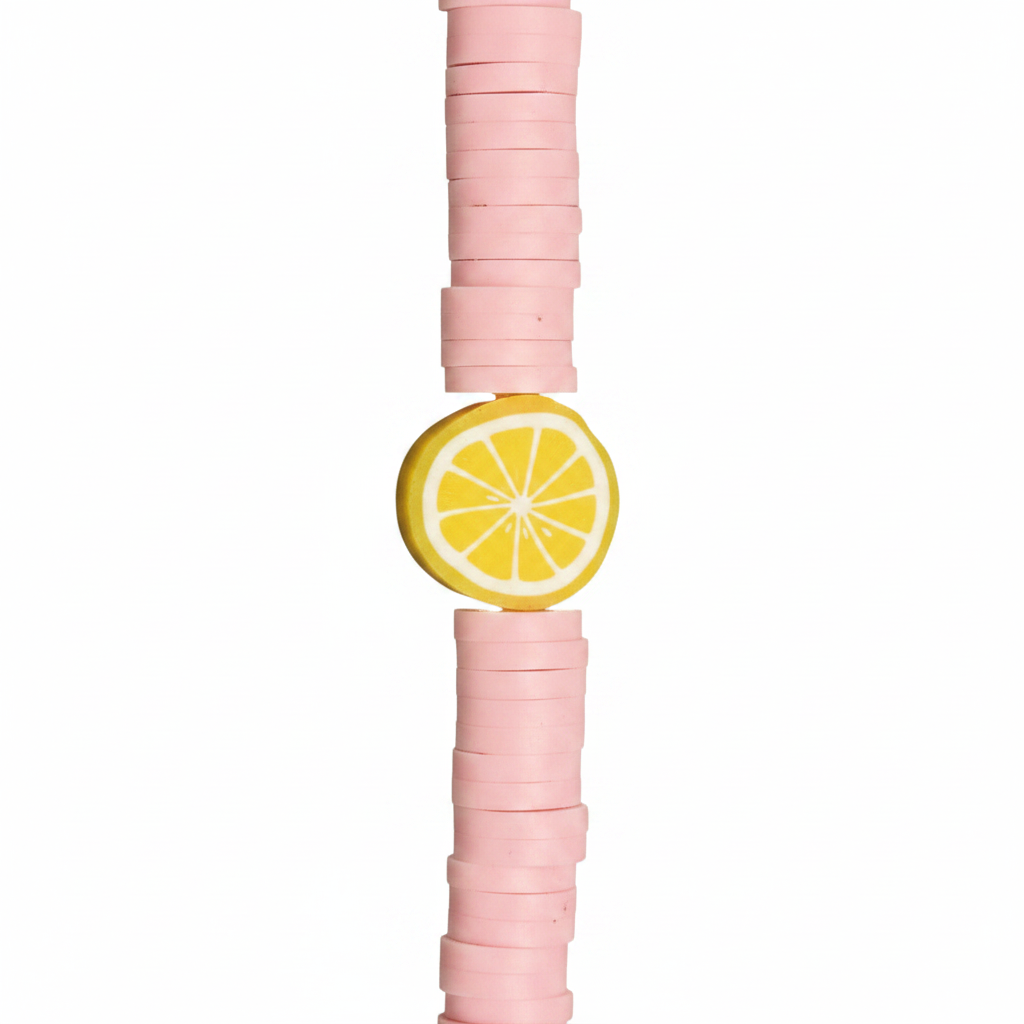Pink with lemon beads hat chain center zoomed close-up