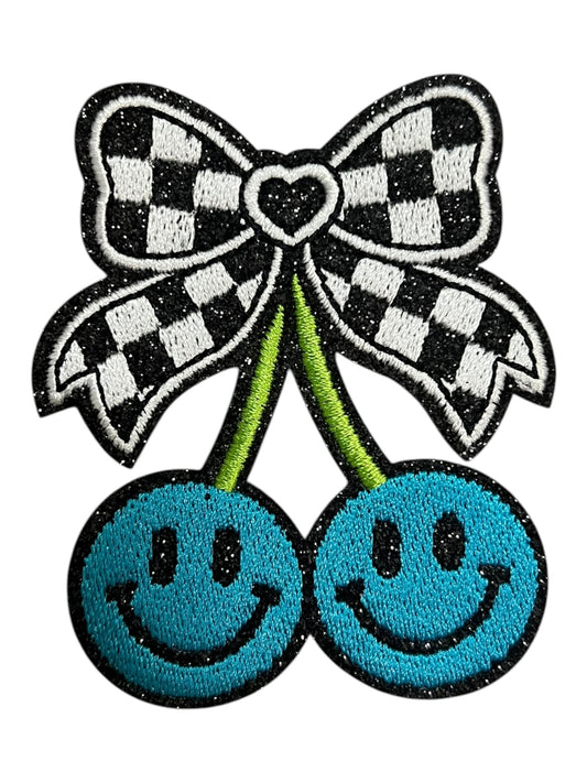 Smiley face cherries turquoise w/ blank white checkered bow
