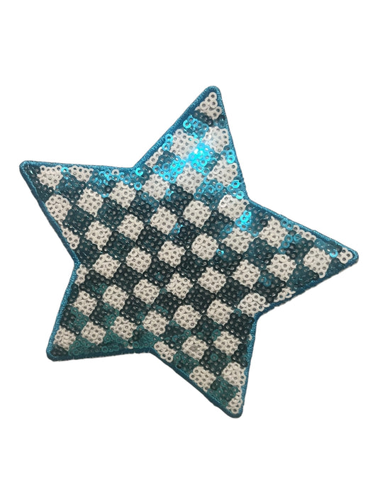 5” turquoise and white checkered sequin star