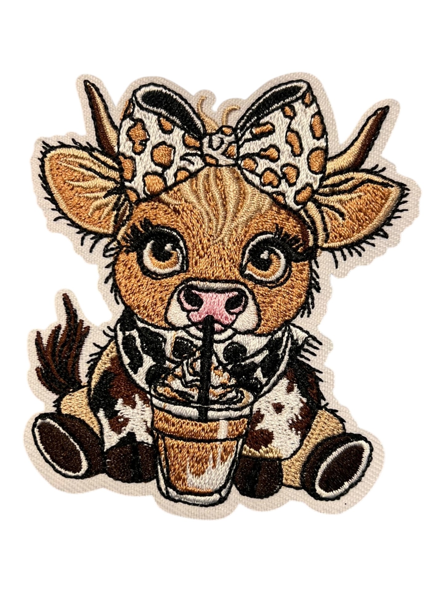 Cute cow with coffee and leopard bow