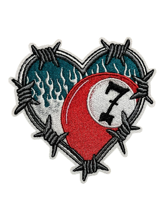 Barbed wire heart with flames and 7