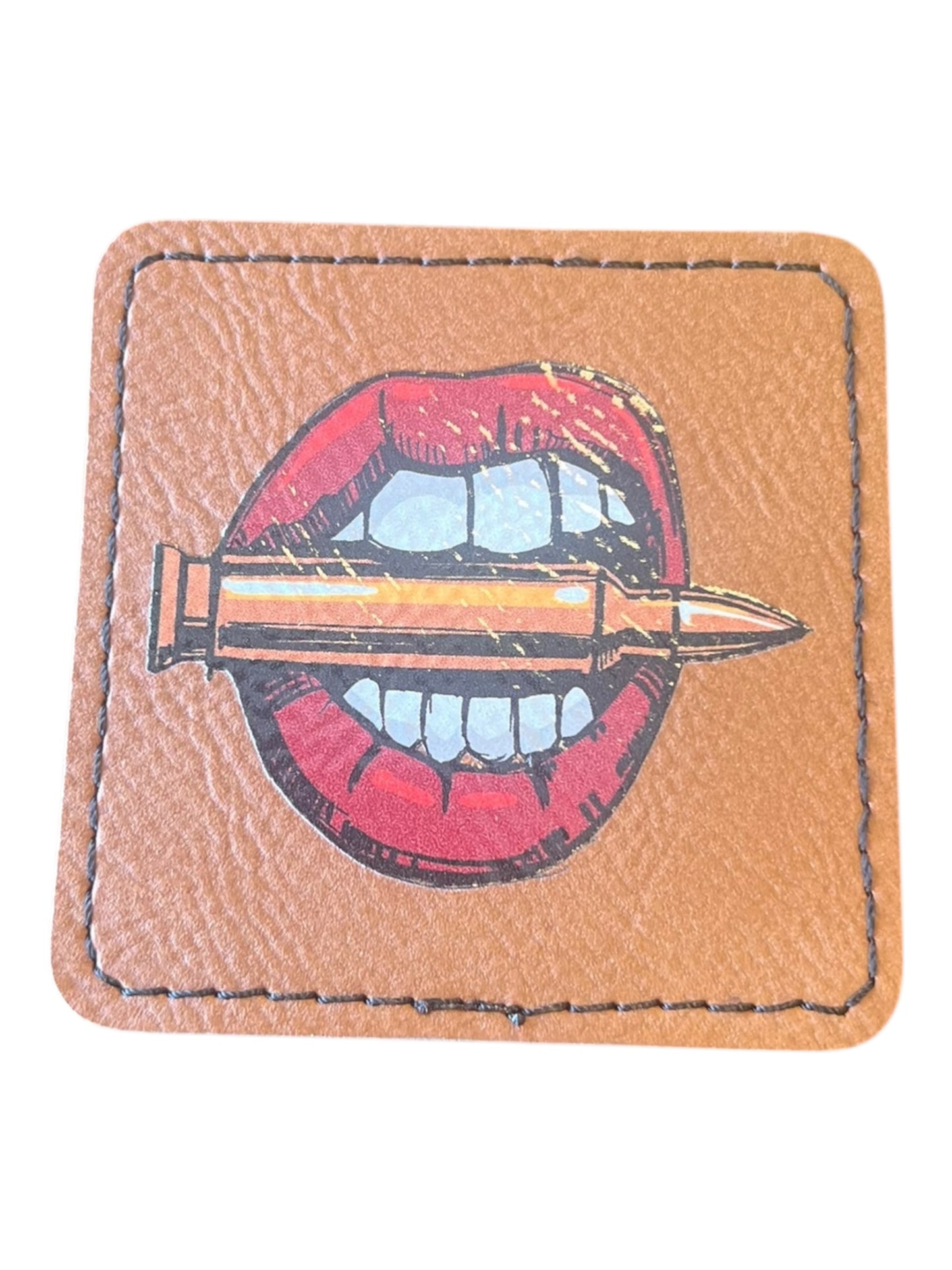 Mouth holding a bulletin leatherette
