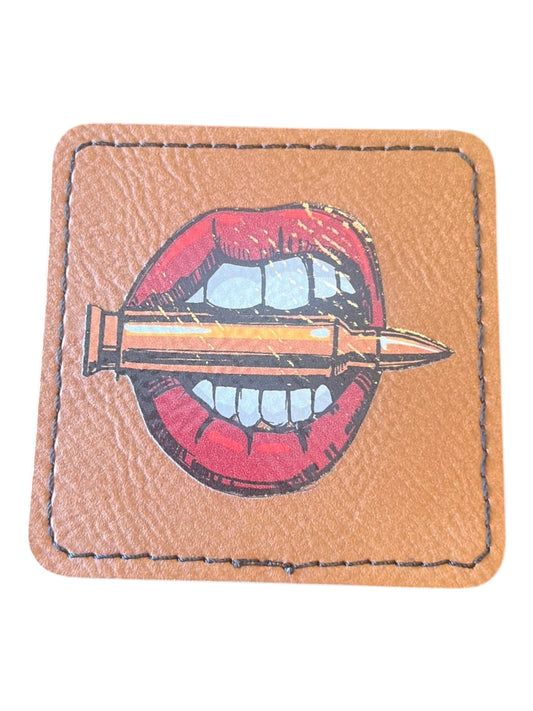 Mouth holding a bulletin leatherette