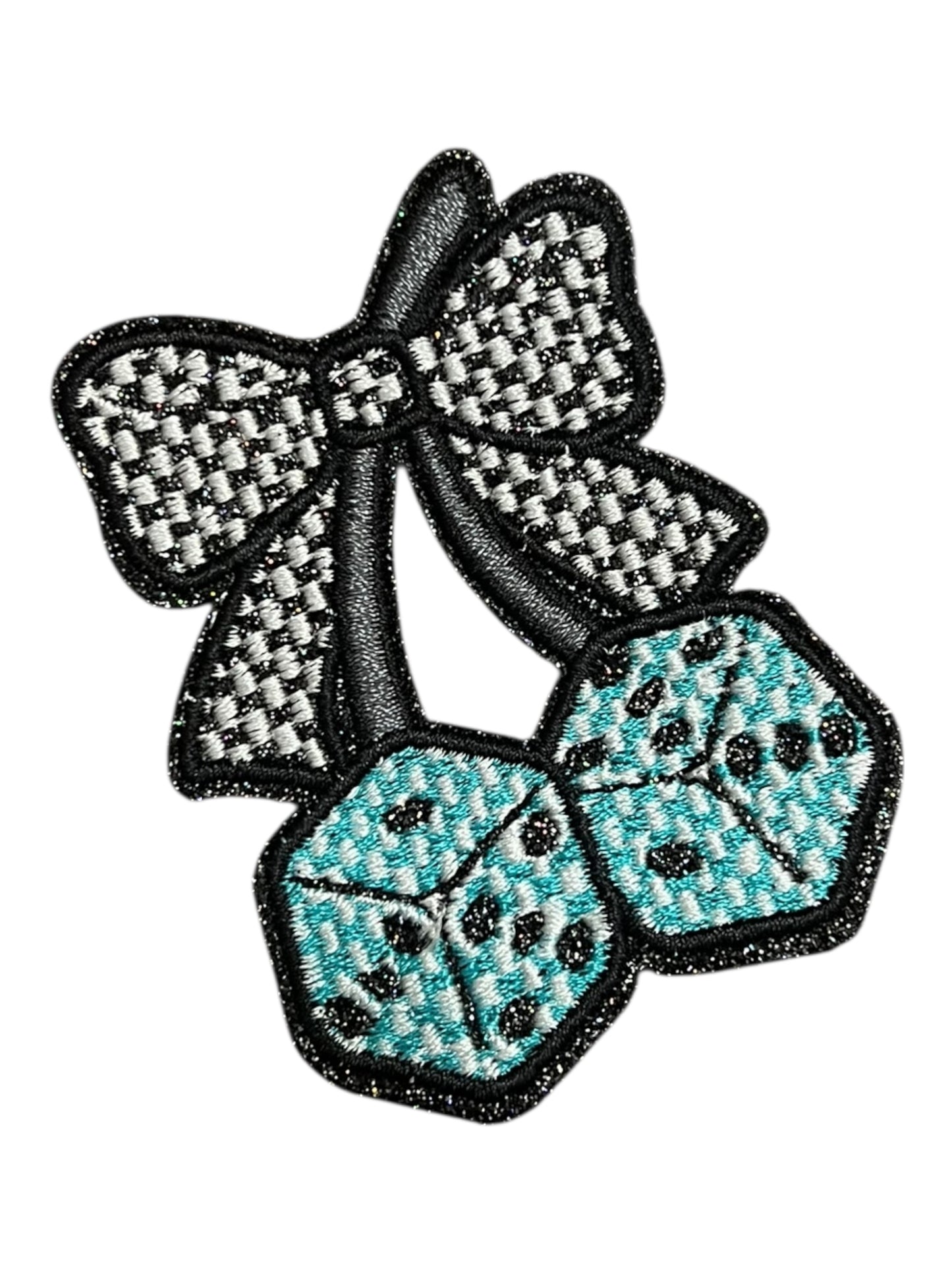 Turquoise dice with checkered bow