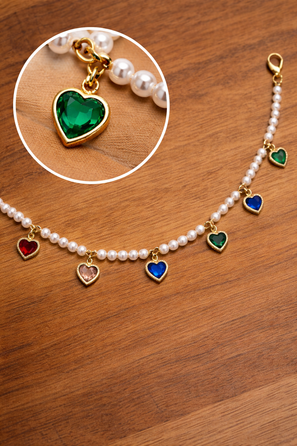 Pearl hat chain with multi color hearts