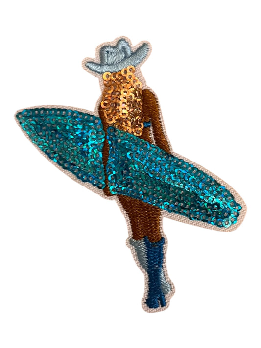 Sequin coastal cowgirl with surf board