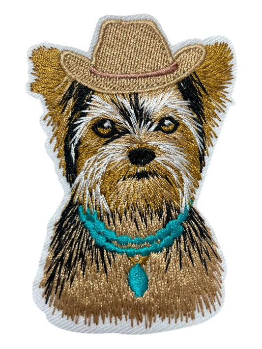 Yorkie  with cowboy hat and turquoise