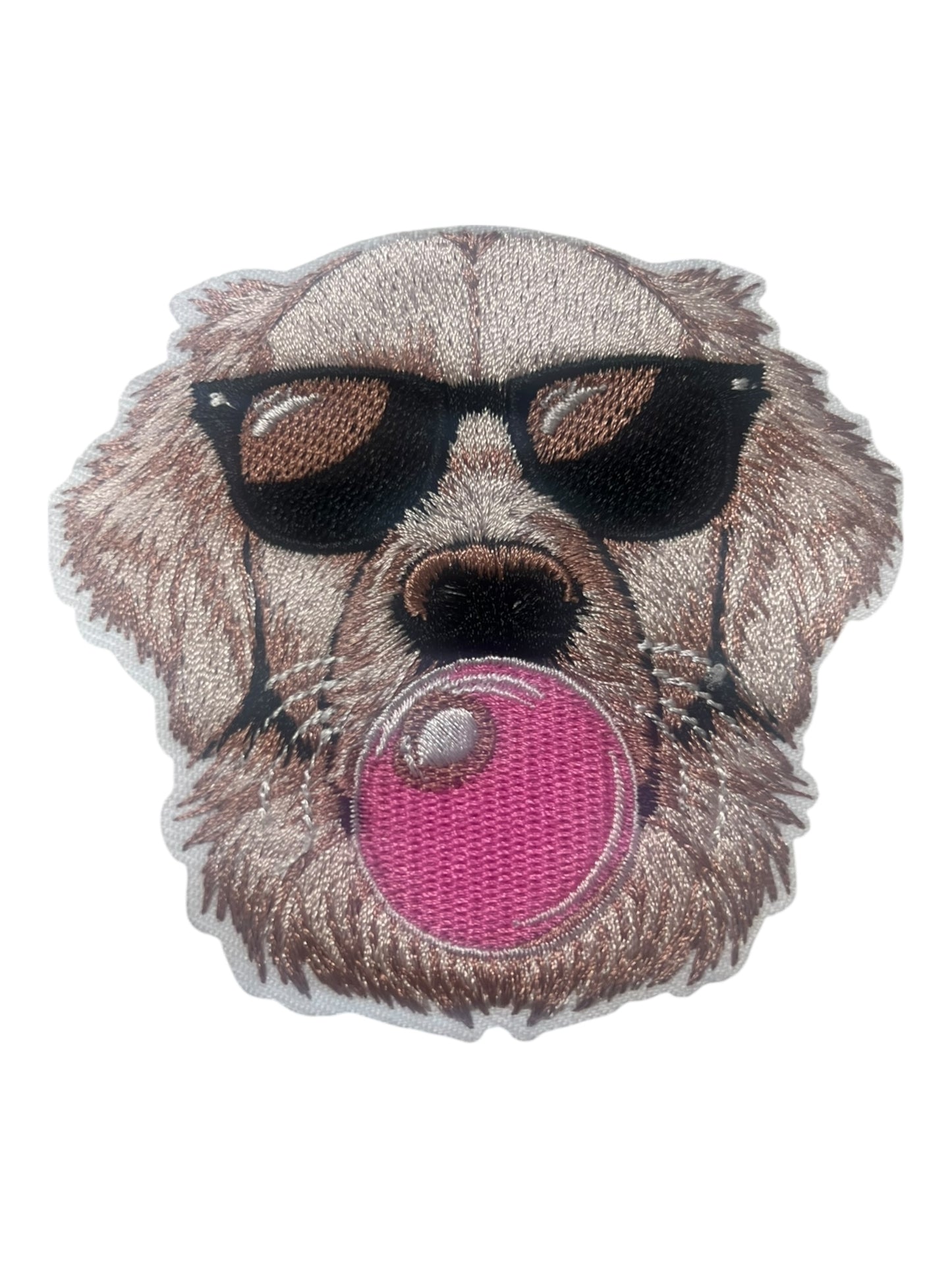 Golden Retriever with pink bubble