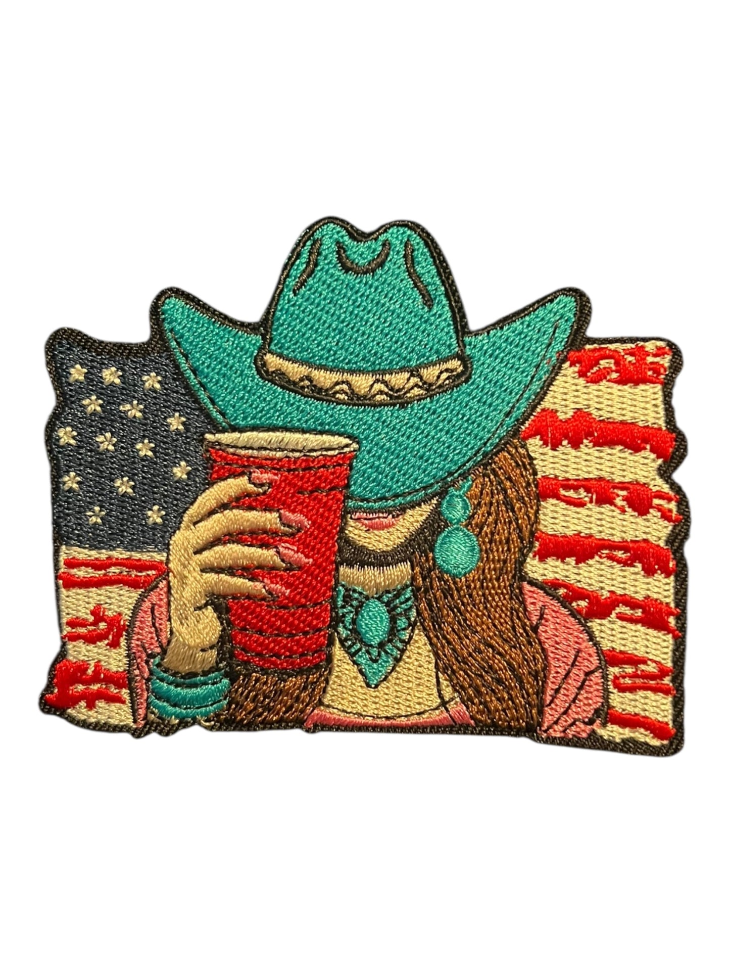 Cowgirl with Red white and blue flag and a red cup