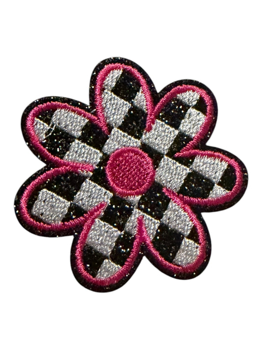 Checkered black white pink flower
