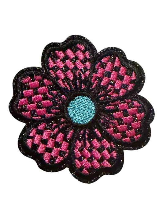 Checkered black pink turquoise flower