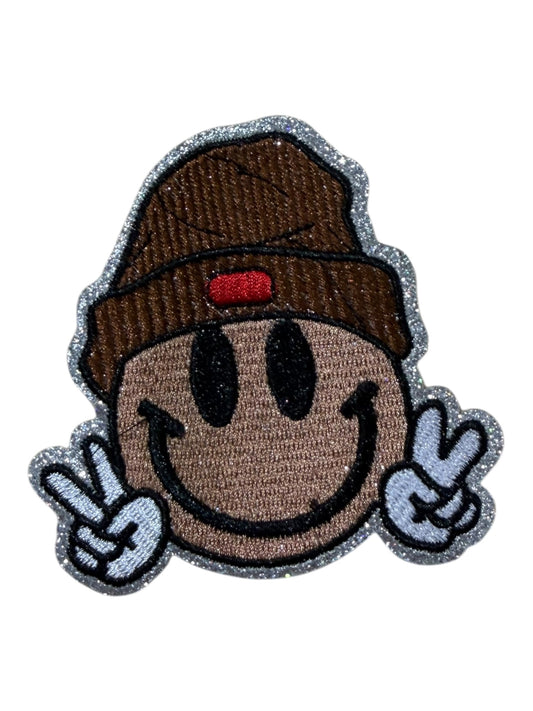 Smiley face peace out  with a beanie glitter brown red