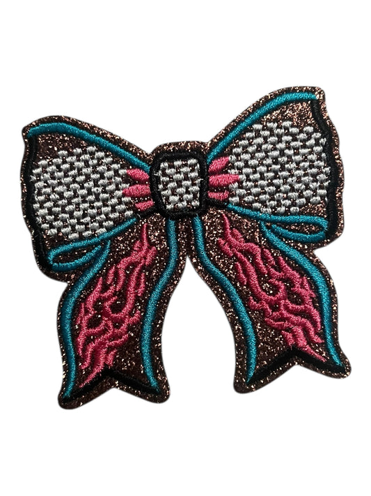 Turquoise and pink checkered and flames bow