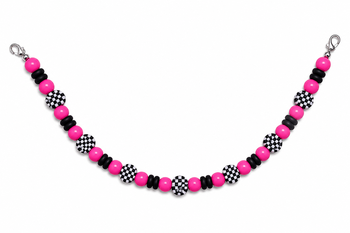 Pink and black dice checkered beaded hat chain