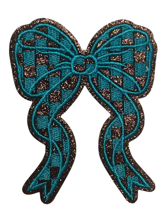 Teal checkered glitter bow