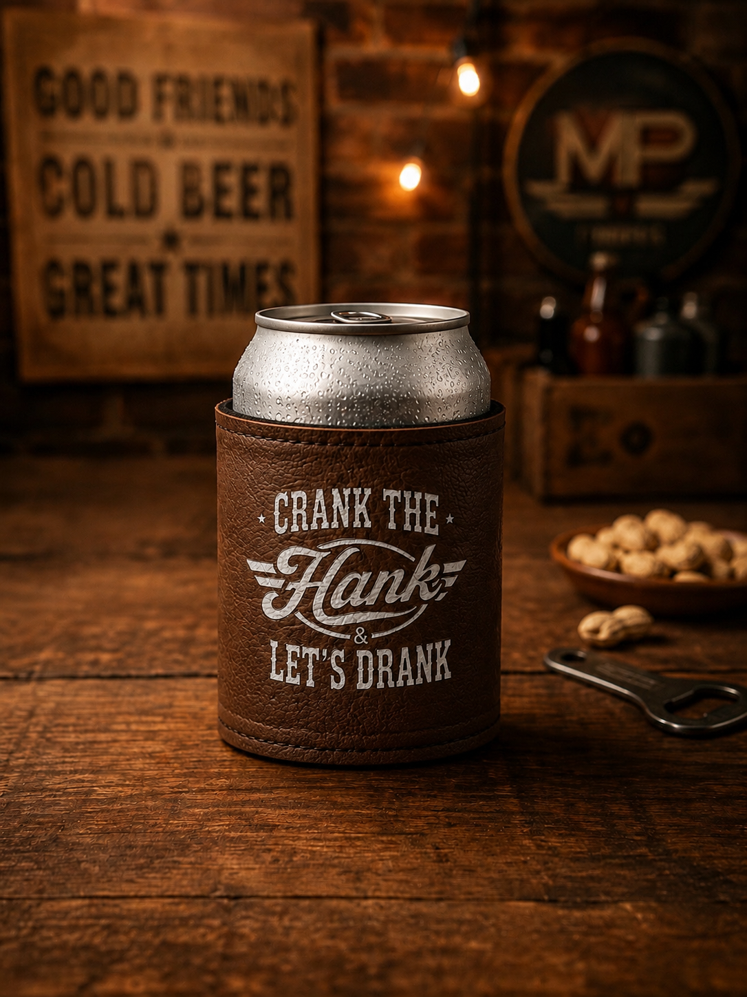 Crank the Hank and let’s Drank Leatherette 12oz Can Koozie