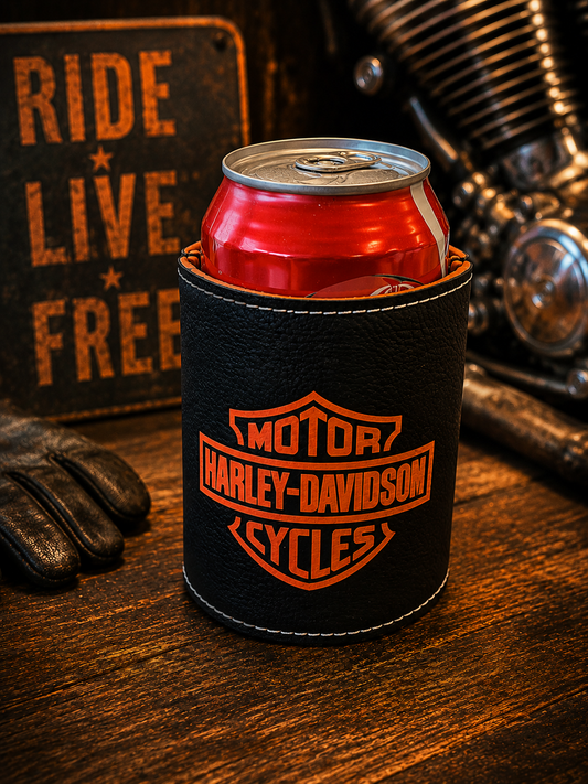 HD cyclist orange print Leatherette 12oz Can Koozie