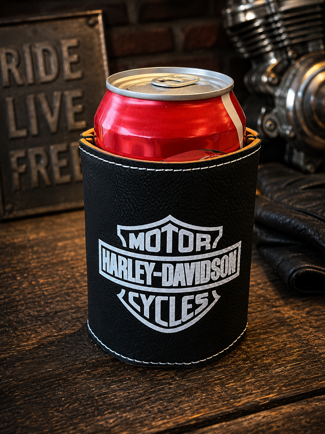 HD cyclist white print Leatherette 12oz Can Koozie