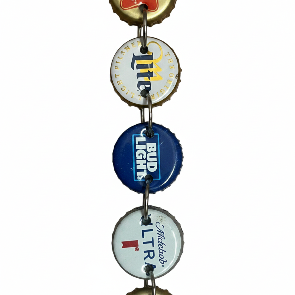 Beer bottle cap hat chain center zoomed close-up