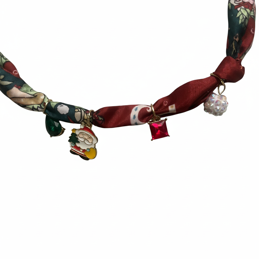 Christmas print hat chain with Santa charm center zoomed close-up
