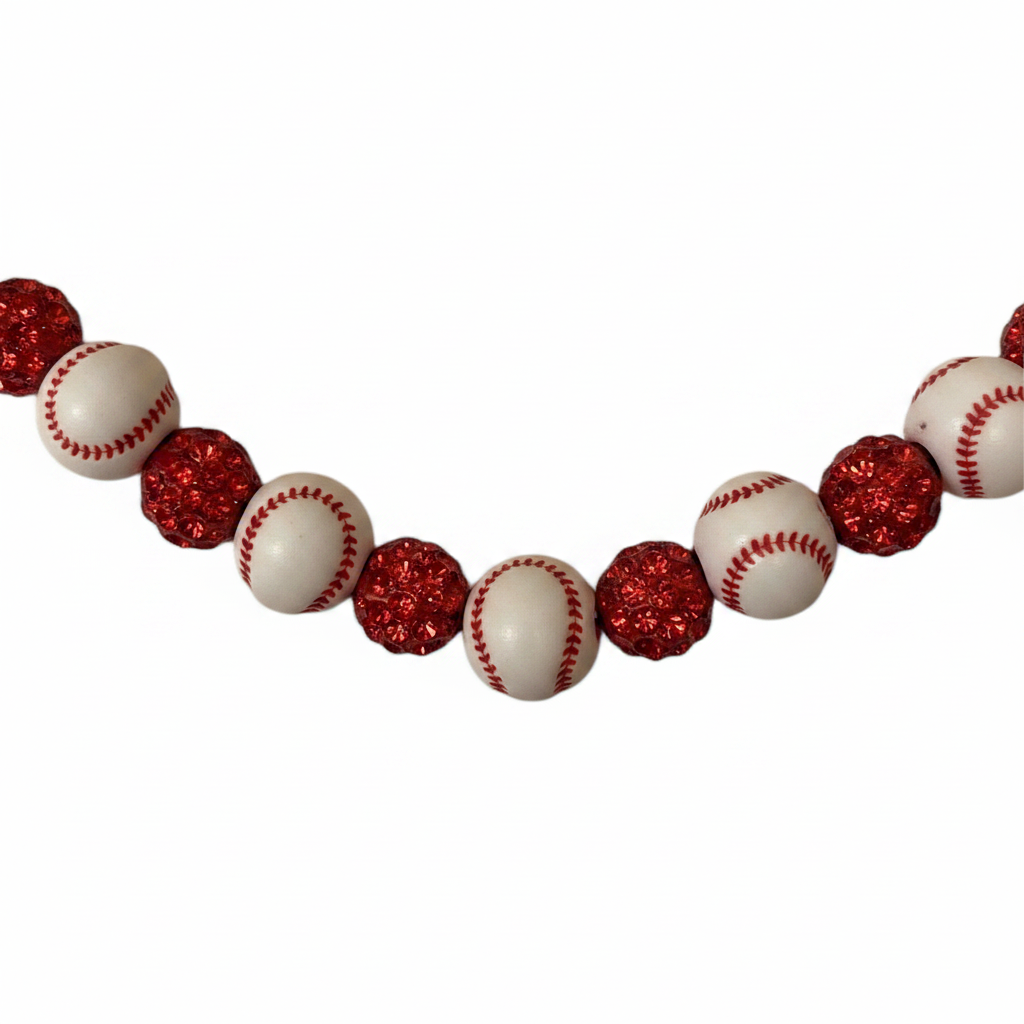 Baseball red and white Hat Chain center zoomed close-up